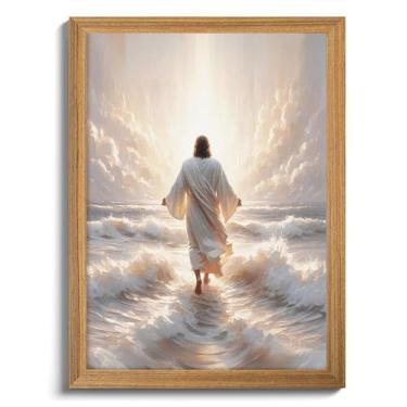 Imagem de Arte de parede de Jesus texturizada vintage 3D emoldurada - Decoração de parede Jesus andando na água - Imagens cristãs de arenito desenhadas à mão para sala de estar quarto sala de oração 30,5 x 40,6