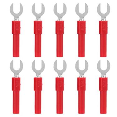 Imagem de Hyuduo Garfo Spade Conectores Fio Terminais Spade Conectores Garfo 10Pcs 10A Latão PVC 30Vac-60Vdc Com 4mm Furo para Equipamentos Industriais Eletrônicos Células Solares (Vermelho)