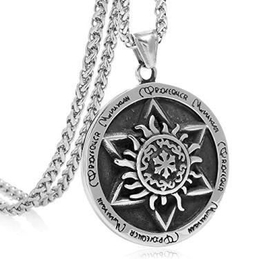 Imagem de FIZIZDH Colar masculino de aço inoxidável com pingente de totem solar, hexagrama de estrela de Davi, corrente de elos de quilha de 61 cm, Aço inoxidável