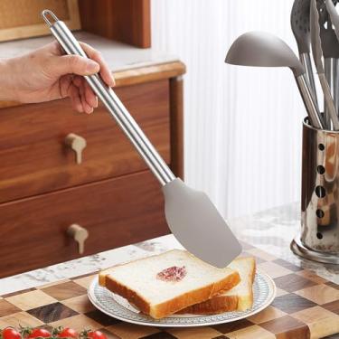 Imagem de Espátulas de silicone prateadas, cabeça de silicone e alça de aço inoxidável de titânio prateada, raspadores flexíveis, ferramenta de mistura de cozimento, ferramentas de cozimento arco-íris