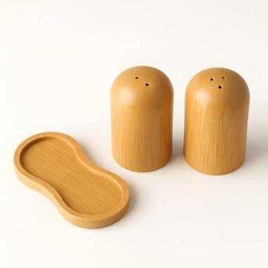Imagem de Conjunto Saleiro e Pimenteiro com Bandeja de Bambu – Design Elegante e Natural para Cozinha, Temperos e Mesa de Jantar