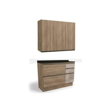 Imagem de Kit Cozinha Modulada 3 Peças Maxxi (1aéreo+1balcão+1complemento) C3p12 Nogal-preto Bril...