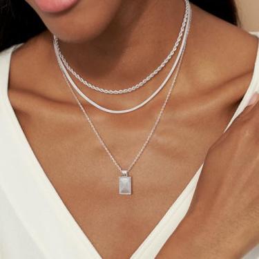 Imagem de Colares femininos de ouro/prata em camadas, banhado a ouro 14K, empilhável, círculo, diamante, zircônia cúbica, colares com pingente de camadas, conjunto de joias de ouro moderno para presentes, 1