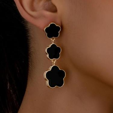 Imagem de Brincos pendentes de flor de acrílico preto retrô elegantes com cinco folhas para mulheres, casamento, noivado, dia dos namorados, presente de dia das mães