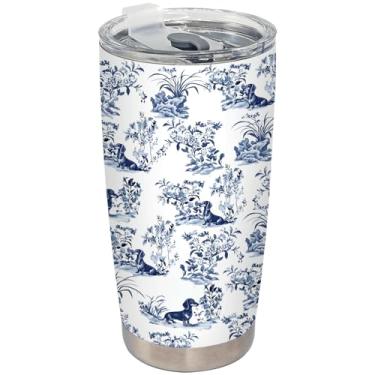 Imagem de BEHIFL Chinoiserie Copo para cães Dachshund, copo de aço inoxidável para cães Weiner azul e branco com tampa e canudo 590 ml, presentes de dachshund para mulheres e homens, copo de café de viagem