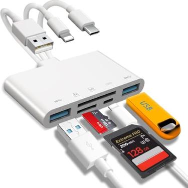 Imagem de Leitor de cartão de memória 5 em 1, adaptador USB OTG e leitor de cartão SD para dispositivos iPhone, iPad, USB C e USB A com compartimentos micro SD e cartões