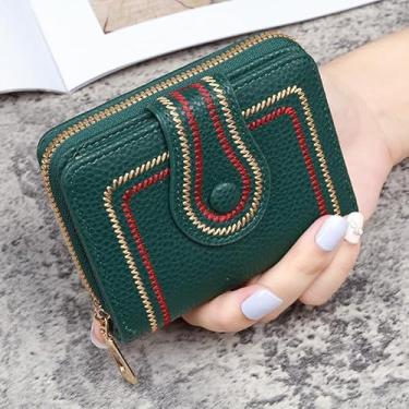 Imagem de Carteira feminina de poliuretano pequena com zíper com 14 compartimentos para cartão, janela transparente para identidade e 3 bolsos, bolsa dobrável leve para compras, viagens, Verde, Moderno