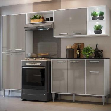 Imagem de Cozinha Compacta Multimóveis Xangai Fg3414 Com 2 Leds Armário E Balcão Branca/lacca Fumê