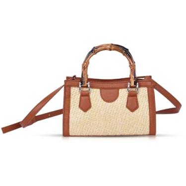 Imagem de Bolsa para mulheres, bolsa de praia, alças de couro e bambu, bolsa de verão adequada para viagens, férias, trabalho, correspondência diária (P), Caqui, One Size