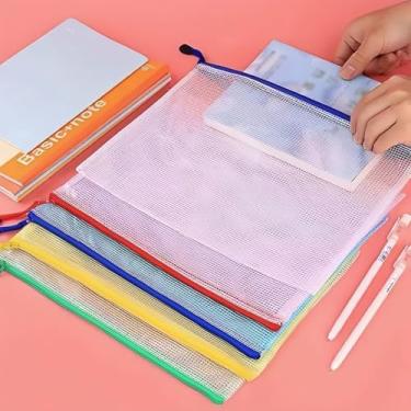 Imagem de Pacote com 5 sacos de documentos de malha com zíper A4, pastas de arquivo transparentes de PVC com grande capacidade para material de escritório e escola, 5 cores