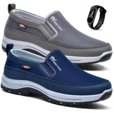 Imagem de Kit 2 Pares De Tenis Sapatilha Mocasssin Masculino Ortopédico Adventure Trilha Com Solado Impermeável Leve + Relogio Led (Cinza/Azul, BR, Adulto, Numérico, 40)