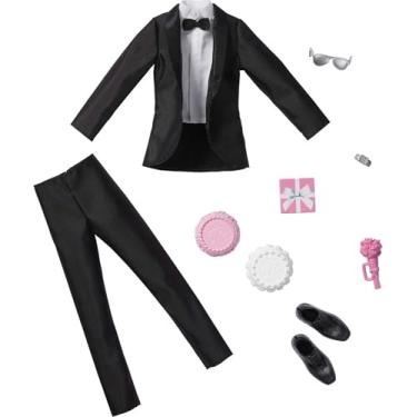 Imagem de Barbie Pacote moderno: Roupa de noiva para boneca Ken com smoking, sapatos, relógio, presente, bolo de casamento com bandeja e buquê, presente para crianças de 3 a 8 anos de idade