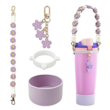 Imagem de SITKOL Conjunto de acessórios para Owala FreeSip Sway 30/1,134 g, copo de 1,134 g e garrafa de água infantil de 473 ml - Inclui bota de silicone, alça de transporte e lindos pingentes de flores (roxo)