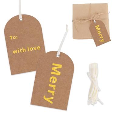 Imagem de BEISHIDA Etiquetas de papel para presente de Feliz Natal, etiquetas retangulares Kraft com fita de cetim, 9,4 x 5,4 cm, etiquetas de nome de folha dourada de Natal para sacolas de presente e embalagem