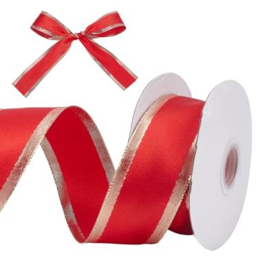 Imagem de HOBBIESAY Fita vermelha de 10 metros de largura de 3,5 cm de largura fitas de cetim com borda dourada fita de Natal laços de embrulho decorativos para casamento laço buquê floral arranjo DIY