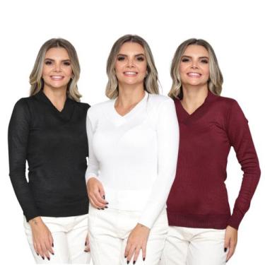 Imagem de Kit 3 Blusas Feminina Sueter Tricô Macio Gola V Manga Longa Inverno - 