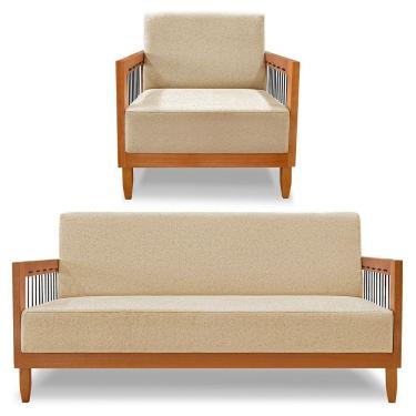 Imagem de Kit Poltrona E Sofá Living 2 Lugares Marilia 1,60m Linho Dourado Base Em Madeira Castanho - Pallazio