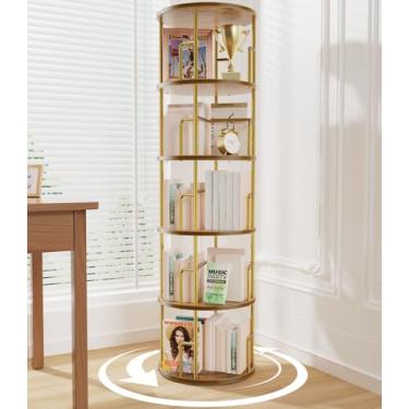 Imagem de Amzeth Estante rotativa redonda, estante giratória, torre aberta, estantes giratórias e estante de livros, prateleira de livros que economiza espaço para quarto, sala de estar, sala de aula (ouro, 5