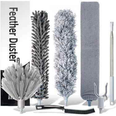 Imagem de E&A Essentials Kit de espanador de penas de microfibra 8 em 1 – Espanador de teia de aranha com haste de extensão de 250 cm, varinha extensível para tetos altos, ventiladores, persianas, móveis e