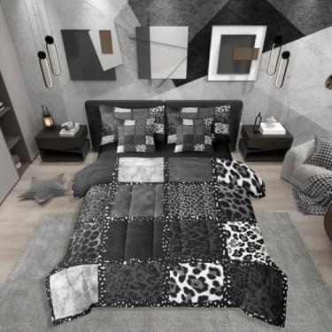 Imagem de Conjunto de cama Queen com estampa de leopardo cinza, 7 peças, textura de pele de animal, conjunto de cama geométrica de patchwork, inclui edredom, conjunto de lençol, fronhas e fronhas, decoração de