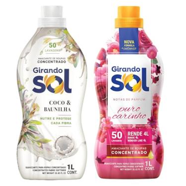 Imagem de Kit Amaciante Concentrado Girando Sol Coco e Baunilha Puro Carinho 1L Rosa Roupas Macias Cheiro Suave e Duradouro 2 Unidades Rende 100 Lavagens