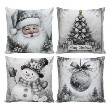 Imagem de Kit 4 Capas de Almofadas Natalinas Decorativas 45x45cm Feliz Natal Sala Quarto e Decoração(PAPAI NOEL BRANCO E PRETO-1036)