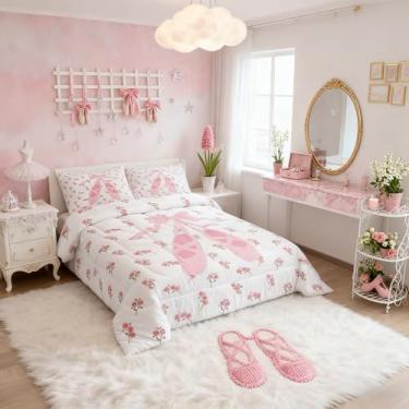 Imagem de Conjunto de cama solteiro, com estampa de bailarinas, princesa, floral, rosa, para meninos e adolescentes, decoração de quarto rosa para todas as estações, 1 fronha