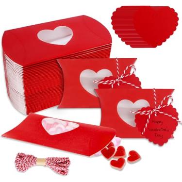 Imagem de JarThenaAMCS 50 caixas de presente de Dia dos Namorados com etiqueta de presente, papel de corda de algodão, caixa de travesseiro vermelha com janela de PVC em forma de coração para casamento