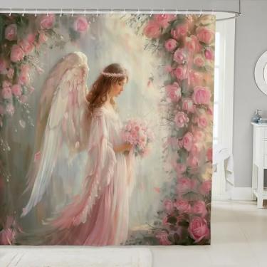 Imagem de Erosebridal Cortinas de banheiro à prova d'água floral anjo sonhador asas de anjo cortina de banho romance rosa rosa flor menina acessórios de chuveiro infantil 183 cm L x 84 C