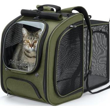 Imagem de Pecute Mochila expansível para gatos, mochila grande para gatos espaciais, respirável para gatos, mochila para cães sombreados para viagens, caminhadas, adequada para compras e veterinário, verde