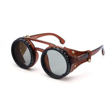 Imagem de OUANGANC Óculos de sol, 9 marchas ajustáveis, óculos de sol masculinos com proteção UV, armação de metal, universal para tiro na rua e pesca, Marrom