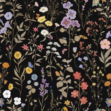 Imagem de VEELIKE Papel de parede floral preto Moody Descasque e cole vintage flores silvestres papel de parede para quarto, banheiro, 48 x 38 cm, papel de contato floral botânico removível autoadesivo para