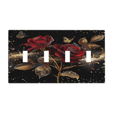 Imagem de DWBGUO Capa decorativa de placa de interruptor com luxuosa folha dourada borboleta design floral rosa vermelha 4 gangues placa de parede artística exclusivo quadriciclo interruptores de luz para