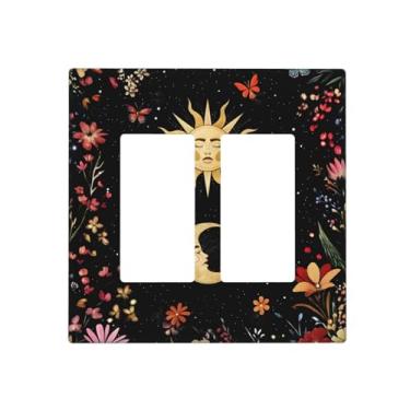 Imagem de JDAKHD Celestial Night Garden Plants Floral Sky 2-Gang Decorativo Rocker Placa de Parede Gótica Espaço Escuro Estrela Hippie Lua Gfci Capa de Interruptor de Luz Compatível com Dimmer para Sala de