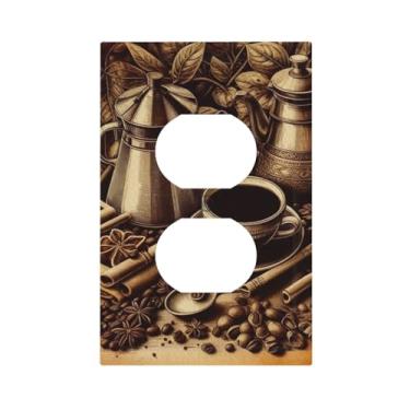 Imagem de LuHuoLu Capas de tomada decorativas vintage grãos de café xícara de folha 1 gangue interruptor de luz duplex placas de parede para tomadas elétricas placa frontal para cozinha decoração de casa