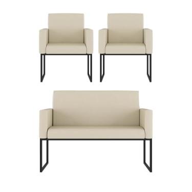 Imagem de Kit 2 Poltrona + Sofá 2 Lugares com Base Ferro Preta Courino Cor:bege