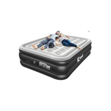 Imagem de Colchão Inflável Queen Premium, PVC e Vinil, Azul, 203x152x46cm, Bomba Elétrica 110V Integrada, Superfície Aveludada, Suporta 350kg, com Bolsa de Transporte