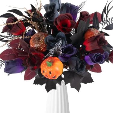 Imagem de GYWJJ Flores artificiais de Halloween, rosas falsas roxas escuras, flores góticas, folhas de bordo preto com arranjo floral de abóbora, Halloween, para decoração de mesa de casamento, festa em casa