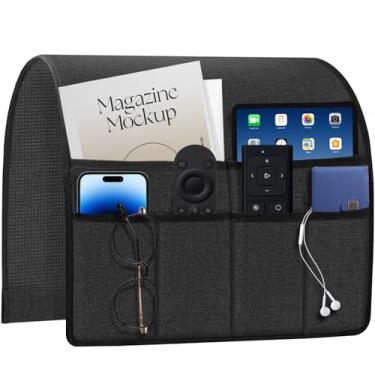 Imagem de HAPLIFEZ Suporte remoto para poltrona reclinável e sofá, organizador de apoio de braço antiderrapante com 6 bolsos, armazenamento de tecido de linho grosso para tablet, telefone, iPad, revista, 48 x