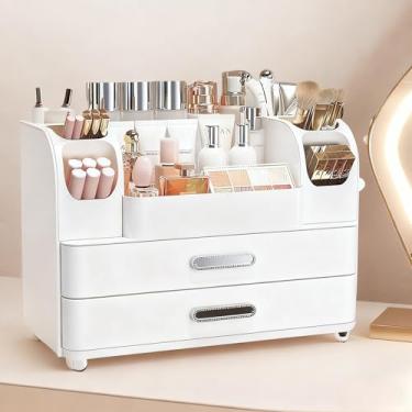 Imagem de Organizador de maquiagem com 2 gavetas, estojo de exibição de cosméticos, suporte de armazenamento para penteadeira, balcão de banheiro, mesa, suprimentos de beleza (todo branco)