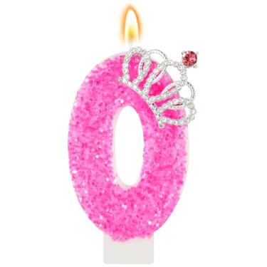 Imagem de IDIJOLI Vela de aniversário rosa choque coroa número 0 vela topo de bolo de aniversário decoração de cupcake decoração de festa temática princesa para meninas e mulheres comemorações de aniversário