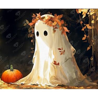 Imagem de DIAMOND ART CLUB Kit de pintura de diamante Boo e a abóbora, artesanato DIY divertido para adultos, tela de arte de diamante redondo, 28 x 23 cm