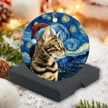 Imagem de Enfeite de Natal 2025, enfeite de cerâmica, decoração de animais fofos, estilo noite estrelada, gato de bengala usando chapéu de Natal, presente de lembrança para homens e mulheres, 7,6 cm