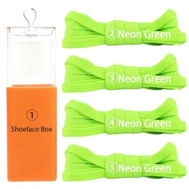 Imagem de sovida 4 pares de cadarços planos - 36 cores para cadarço de sapatos, tênis de corrida atlético, sapatos casuais, cordas para botas, 22-neon verde * 4 + caixa de cadarço, 140cm【55in】