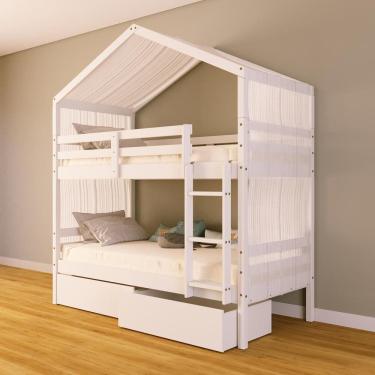 Imagem de Beliche Solteiro Casinha com Gavetas e Cortina Madeira Maciça Branco Megamobilia