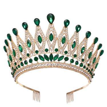 Imagem de YIXIANGPING Tiaras e coroas para mulheres, tiara de casamento para noiva, coroa de rainha de strass, acessórios de cabelo de fantasia de cristal para aniversário e formatura coroa com pentes (verde