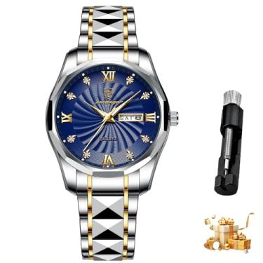 Imagem de Relógio masculino, relógio analógico de quartzo, construção em aço inoxidável, resistente à água, função cronógrafo, relógio de pulso casual, mostrador azul