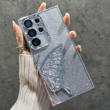 Imagem de Capa de celular com glitter, areia movediça, lantejoulas, borboleta, gradiente, para Samsung S24 Ultra S24 Plus, lente de revestimento de luxo, capa protetora traseira, prata, para Galaxy S24Ultra