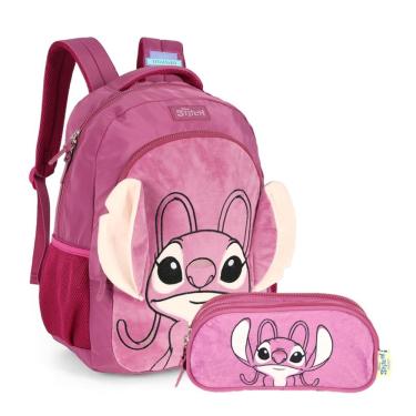 Imagem de Kit Mochila de Costas G + Estojo Triplo Angel Stitch Disney | Pink Roxa Pelúcia 3D | 2 Peças