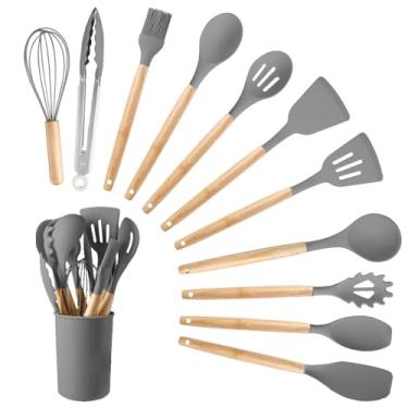 Imagem de Conjunto de utensílios de cozinha de silicone, 12 peças de utensílios de cozinha grandes resistentes ao calor, espátula, colher, utensílios de cozinha com cabo de madeira com suporte para panelas